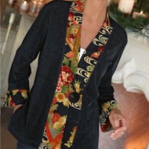 Soft Surroundings XL Kimono Cardigan Asian Floral Black Jacket Single Button